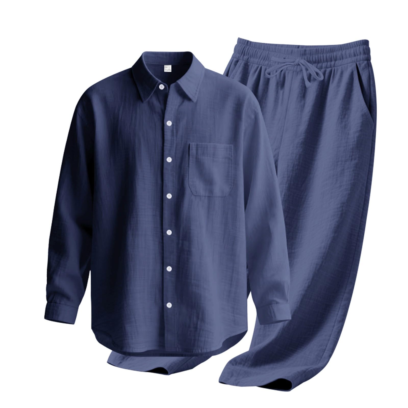 Pigiama lungo da uomo, in lino, estivo, leggero, in lino, tinta unita, da jogging, in cotone, 2 pezzi, camicia estiva e pantaloni lunghi
