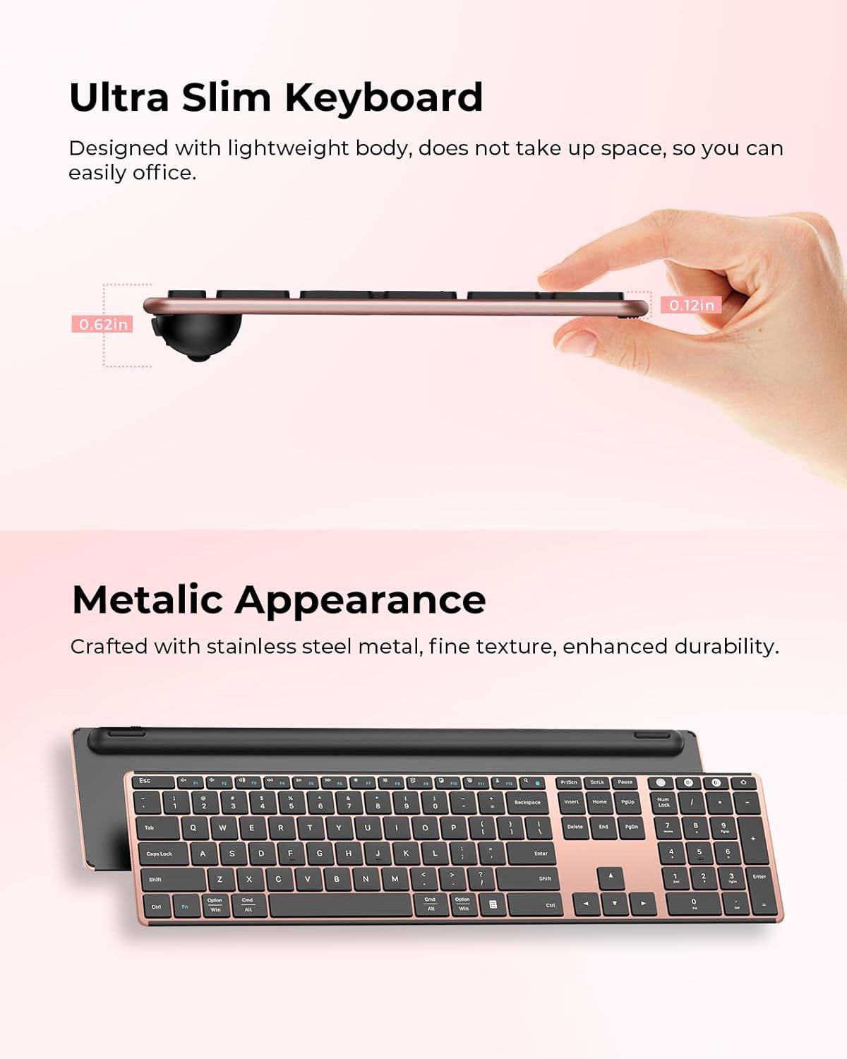seenda Wireless Bluetooth Keyboard and Mouse Combo, SKM64-3 Rechargeable Slim Quiet Keyboard Mouse, 3 Multi-Device Connection, Compatible for Windows, Mac, MacBook, iPad, Tablet, Black Rose Gold - Image 4