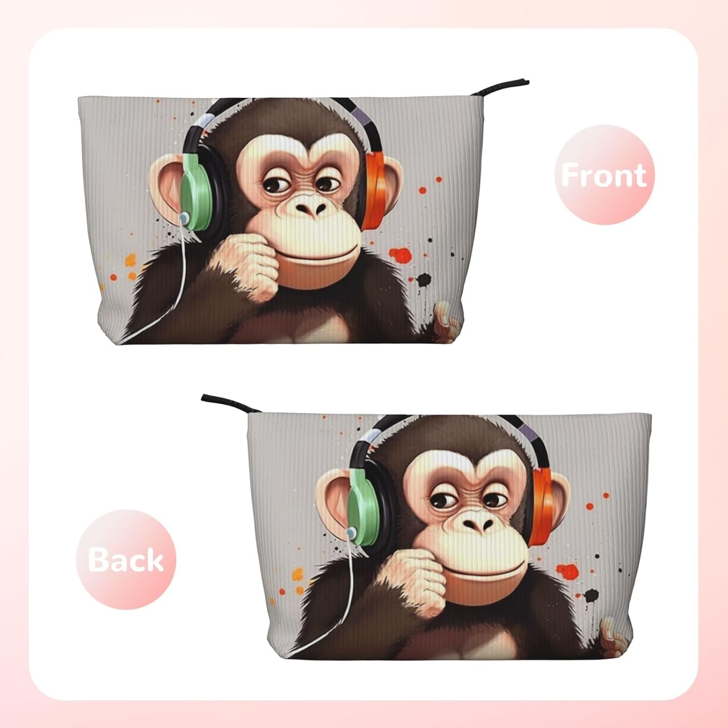 Corduroy Makeup Bag Cosmetic Bag For Women Girls,Large Capacity Portable Toiletry Pounch With Zipper, Music Monkey Aesthetic Women Handbags Purses Travel Make Up Organizer image 2