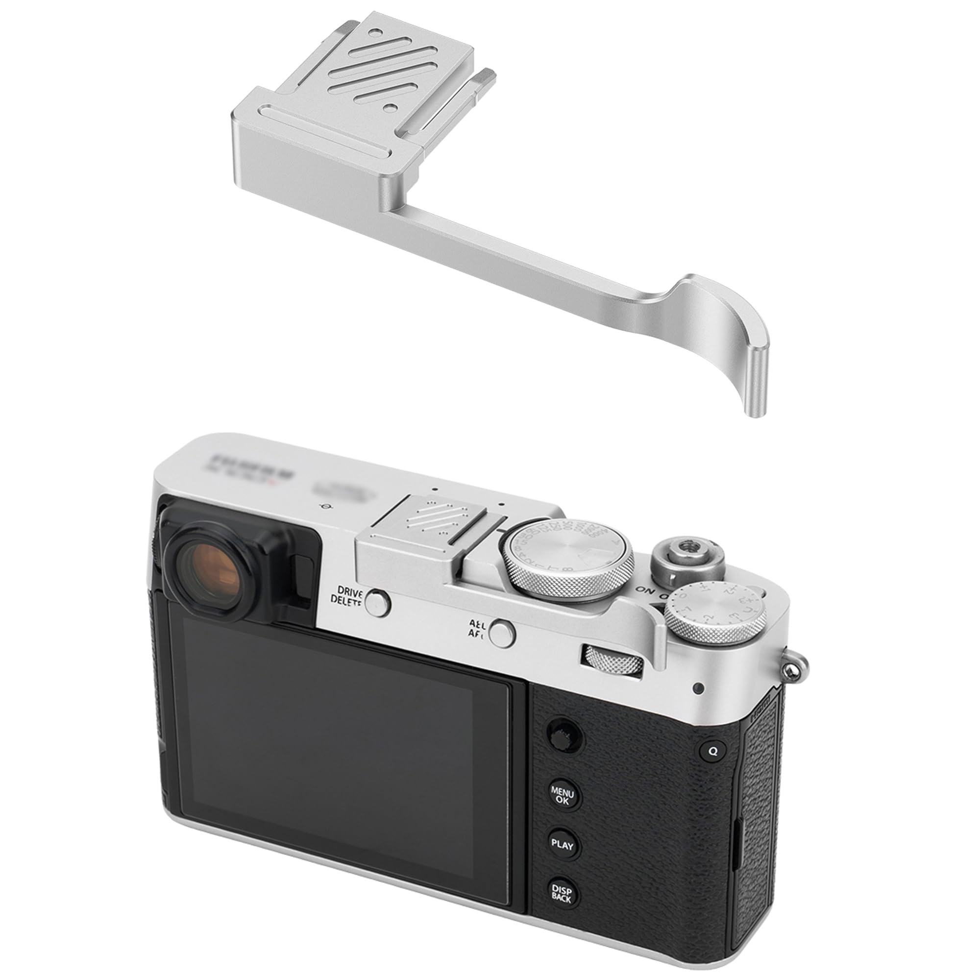JJC Metal Thumb Grip Rest for Fuji Fujifilm X100VI X100V X100F X100T X100S X100 X-E4 X-E3 Cameras, Hot Shoe Cover Protector Thumb Support for Stable Safe Hand Hold, Silver Color