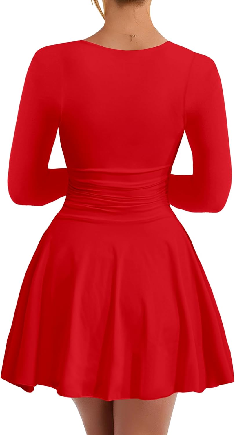 Kaximil Women's Square Neck Long Sleeve Mini Dress Ruffle Hem Corset Short Party Club Dresses - Image 2