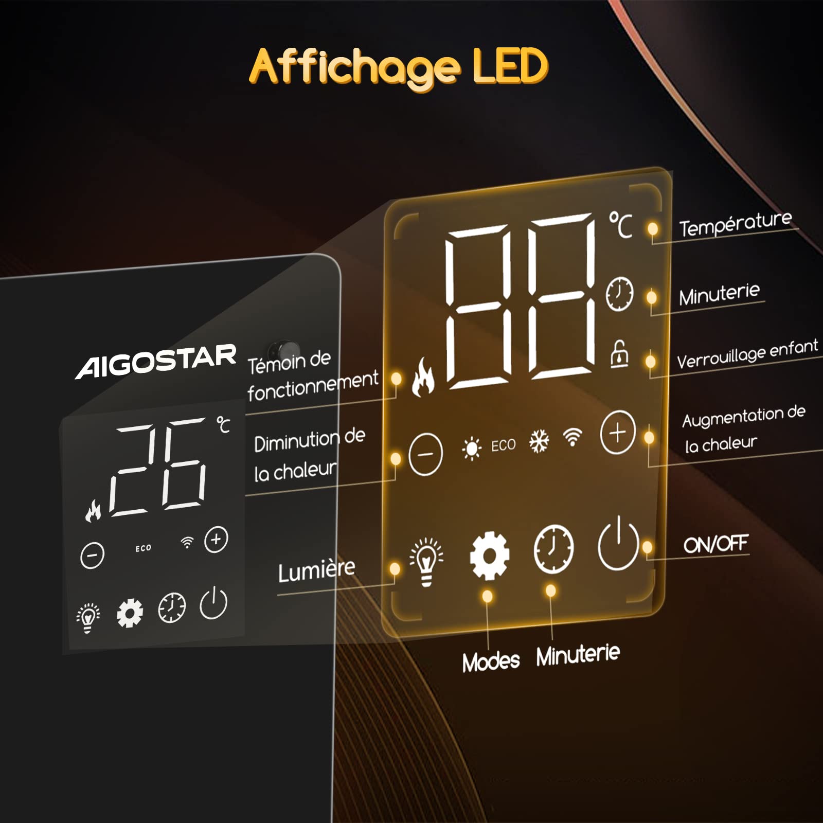 Aigostar Helen Smart - Radiateur Electrique, 2000W, Convecteur Électrique à Panneau de Verre Ultra Fin, Connexion Wi-Fi, Alexa, Minuterie 24h, 3 Modes, Écran Tactile Led. Programmable.