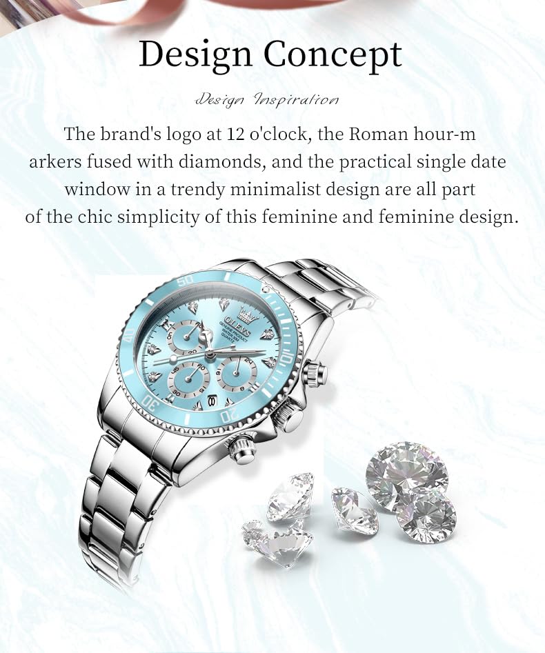 Image of OLEVS Watch for Women Luxury Stylish Diamond Analog Quartz Chronograph Elegant Silver Stainless Steel Chain Waterproof Date Ladies Wrist Watch