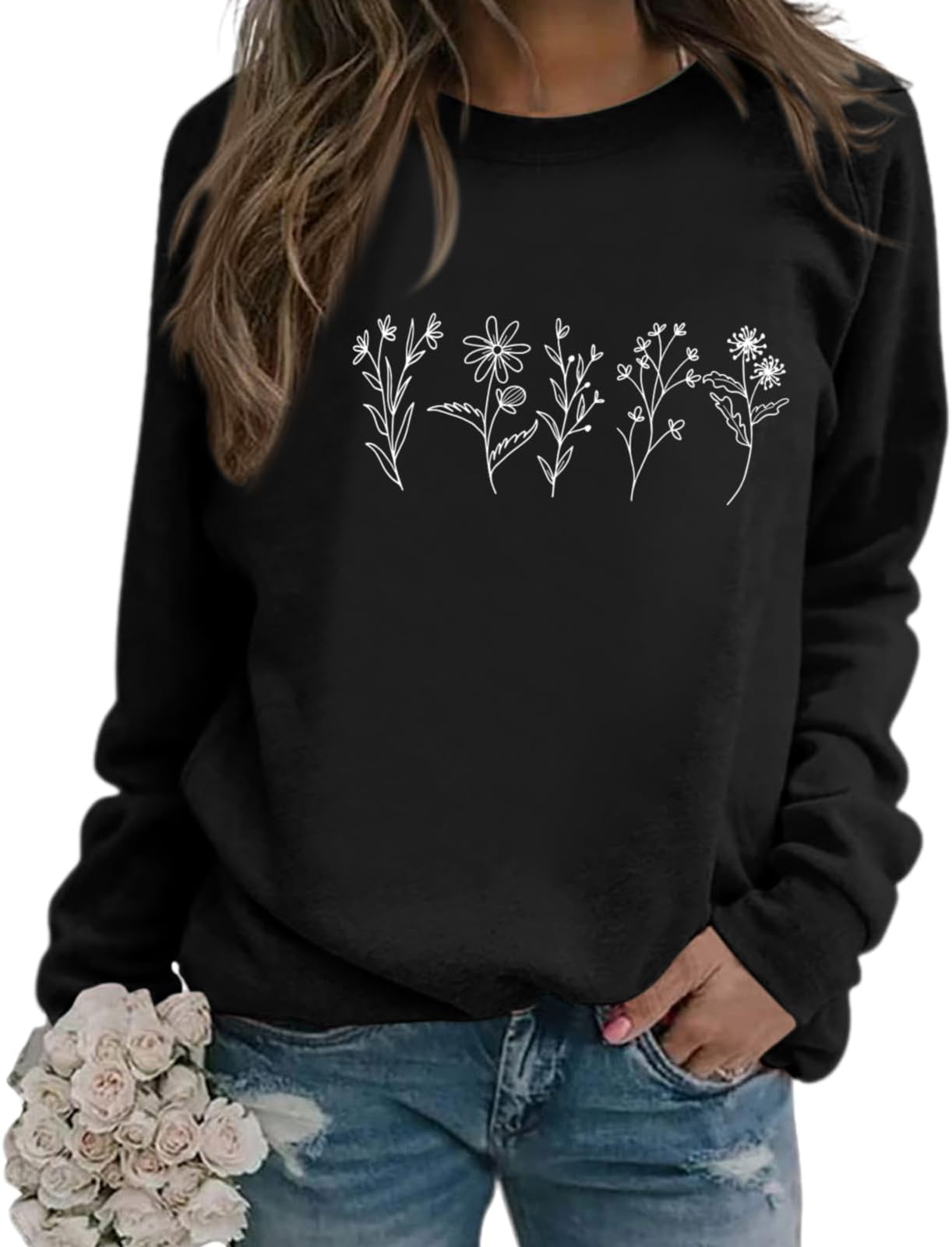 Flower Graphic Sweatshirt Women Vintage Floral Printed Long Sleeves Shirt Crewneck Hoodie Loose Fall Pullovers Tops