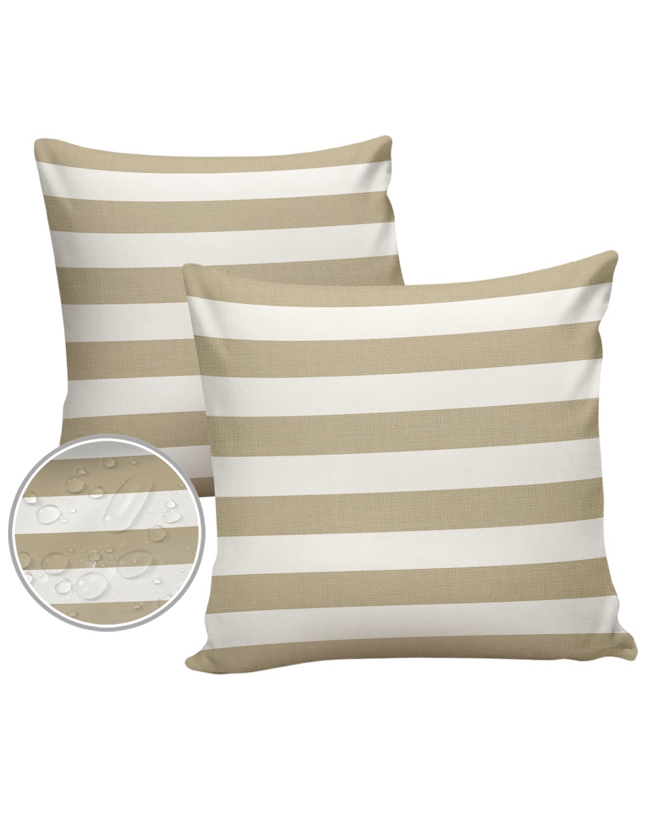 Edwiinsa Outdoor Pillow Covers Waterproof, Khaki White Striped Rustic All Weather Cushion Case Set of 2, Farmhouse Geometric Decorative Pillowcases for Sofa Couch Bed Decor Patio Furniture 18