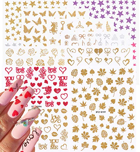 9 Sheets Fashion Matte Valentine's Day Nail Art Stickers,3D Self-Adhesive Glitter Shiny Stars Butterflies Leaves love Ro