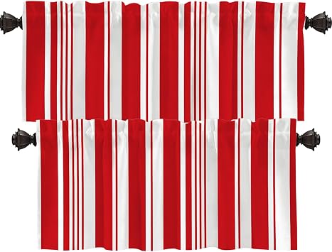 Shrahala Red Christmas Candy Cane Kitchen Valances, White Christmas Stripes Half Window Curtain Window Treatment Multilayer Polyester Blackout for Living Room Bathroom 2 Pack 52 x 16 in