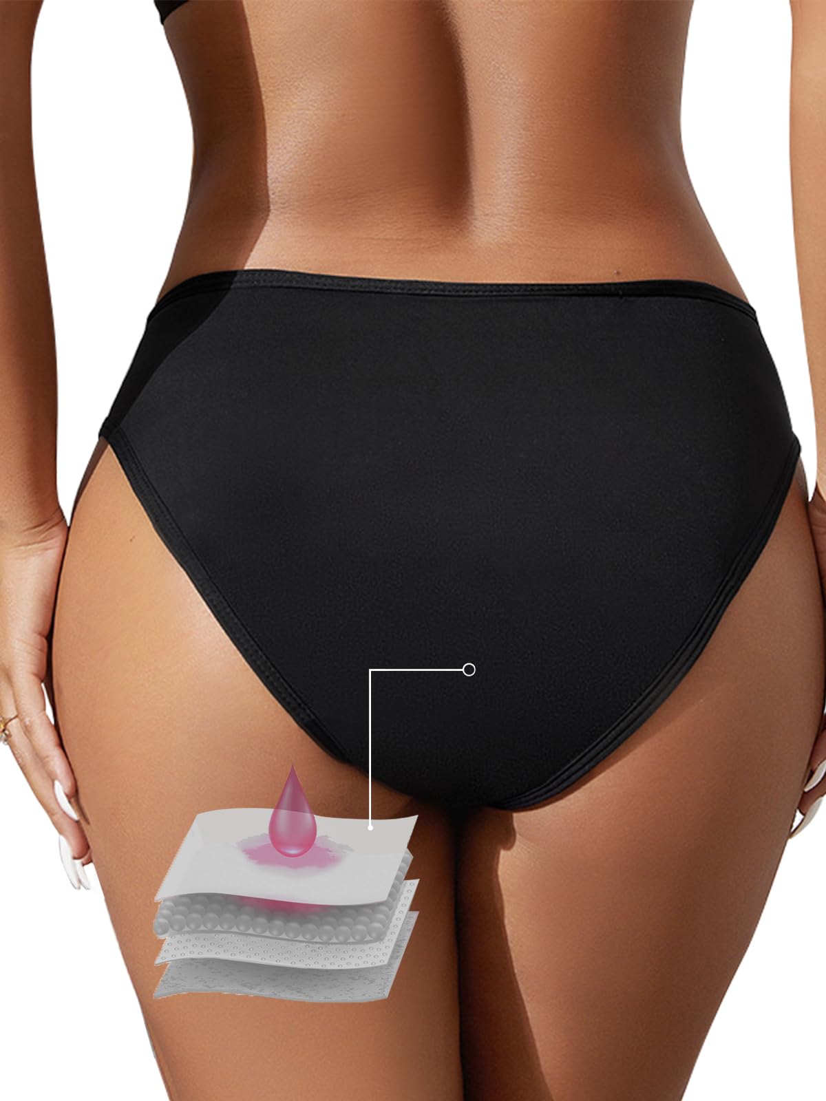 Periods Traje de baño para nadar Mujer 4 capas a prueba de fugas Pantalones Periódicos Bikini Menstrual Negro Flujo de luz