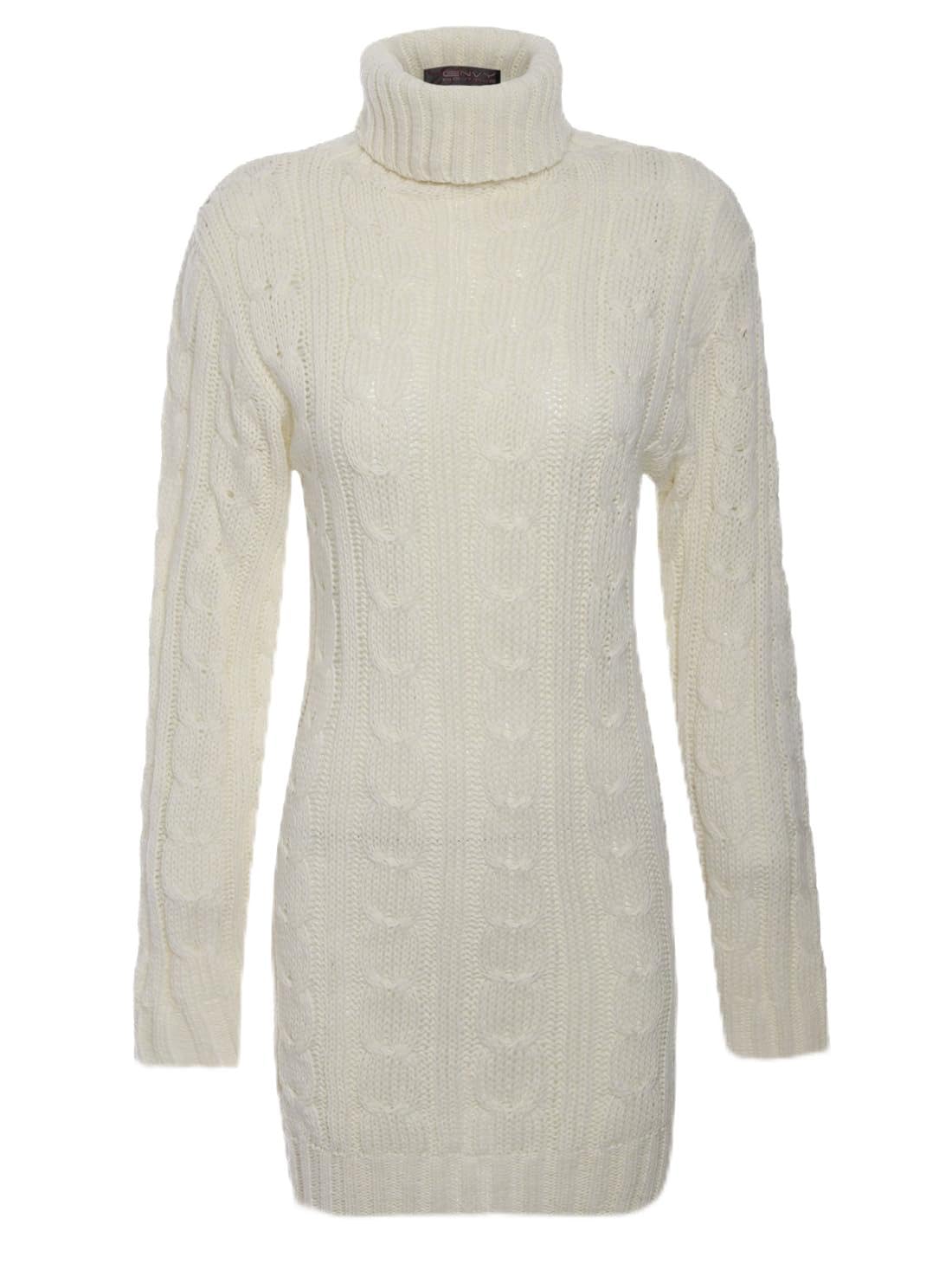 WICKEDFASHIONS123 Womens Polo Neck Cable Knitted Dress Ladies Winter Wear Long Sleeve Chunky Knit Midi Evening Dress Long Sleeve Polo Roll Neck Stretch Jumper Dress (Cream UK 12-14)