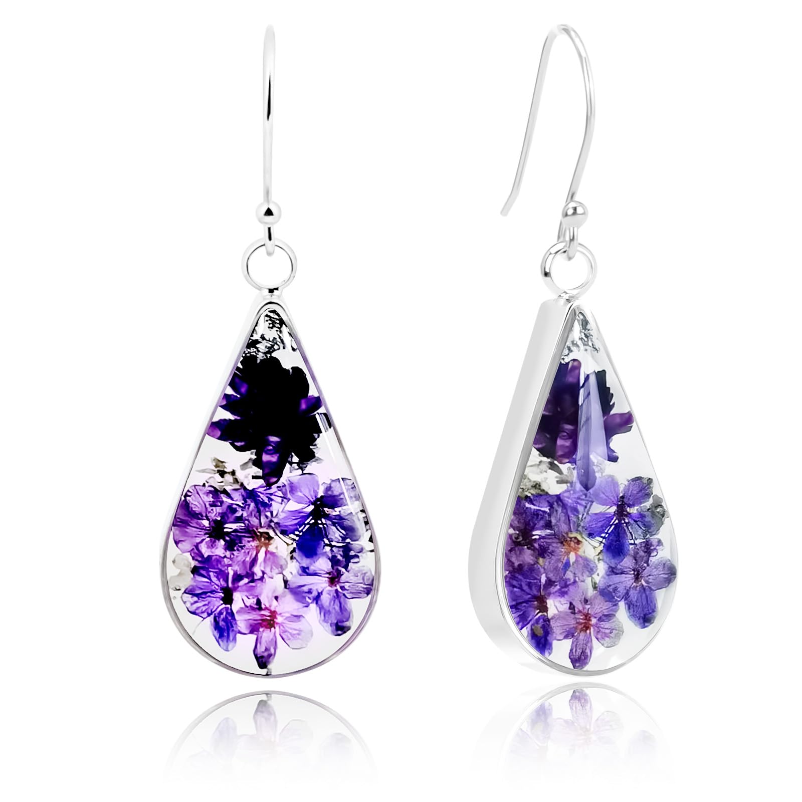 925 Sterling Silver Pressed Flower Teardrop Earrings,Hypoallergenic Women's Jewelry Gift for Mom and Wife,Handmade Natural Dried Flower Teardrop