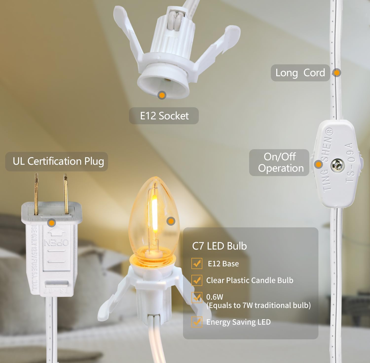 Accessory Cord with 5 LED Night Light Bulbs - C7 Christmas Village Light Accessory Cord - C7 Bulb 2700K Warm White with Spare Fuse for Holiday Decoration Craft Village House Decoration