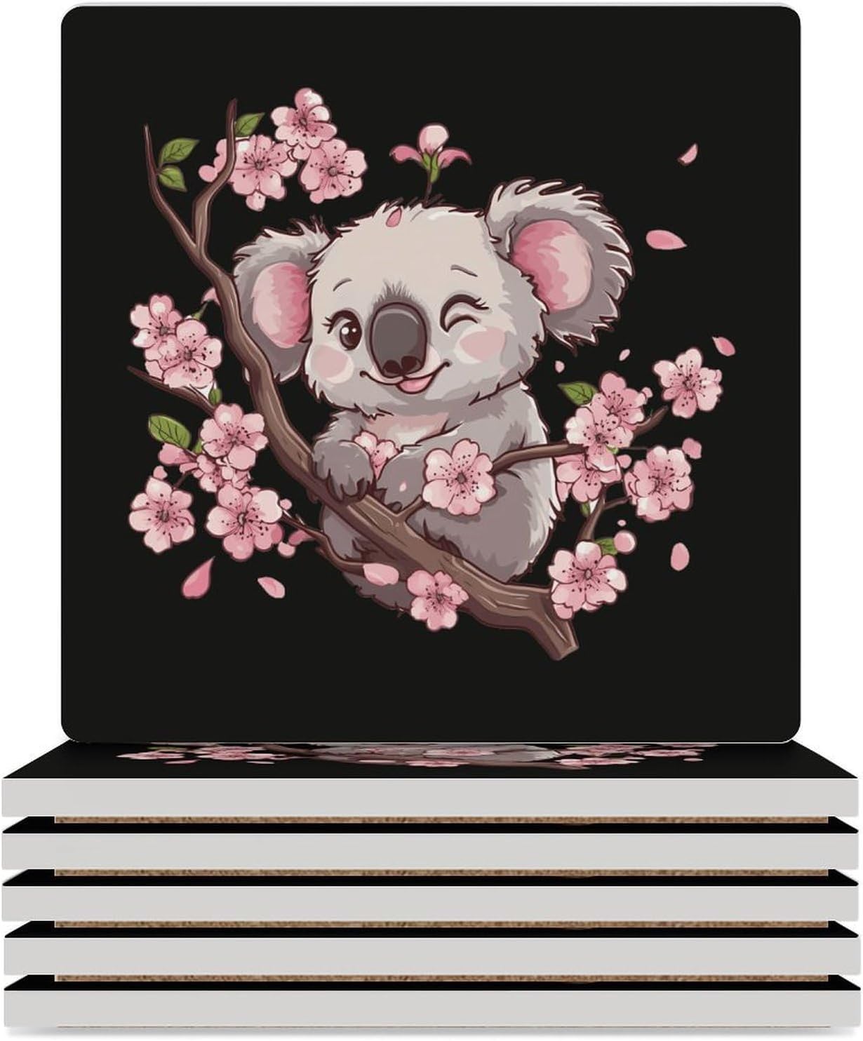 Cute Koala Bear Coasters for Drinks Square Ceramic Coasters Cup Mats with Cork Base