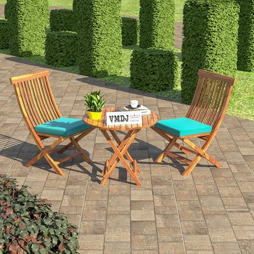Image of Sheesham Wooden Portable Foldable 2 Seater Chair with Table Set Outdoor Balcony Garden Coffee Table Set Furniture with 1 Table and 2 Chairs Set (Brown with Blue Cushion)