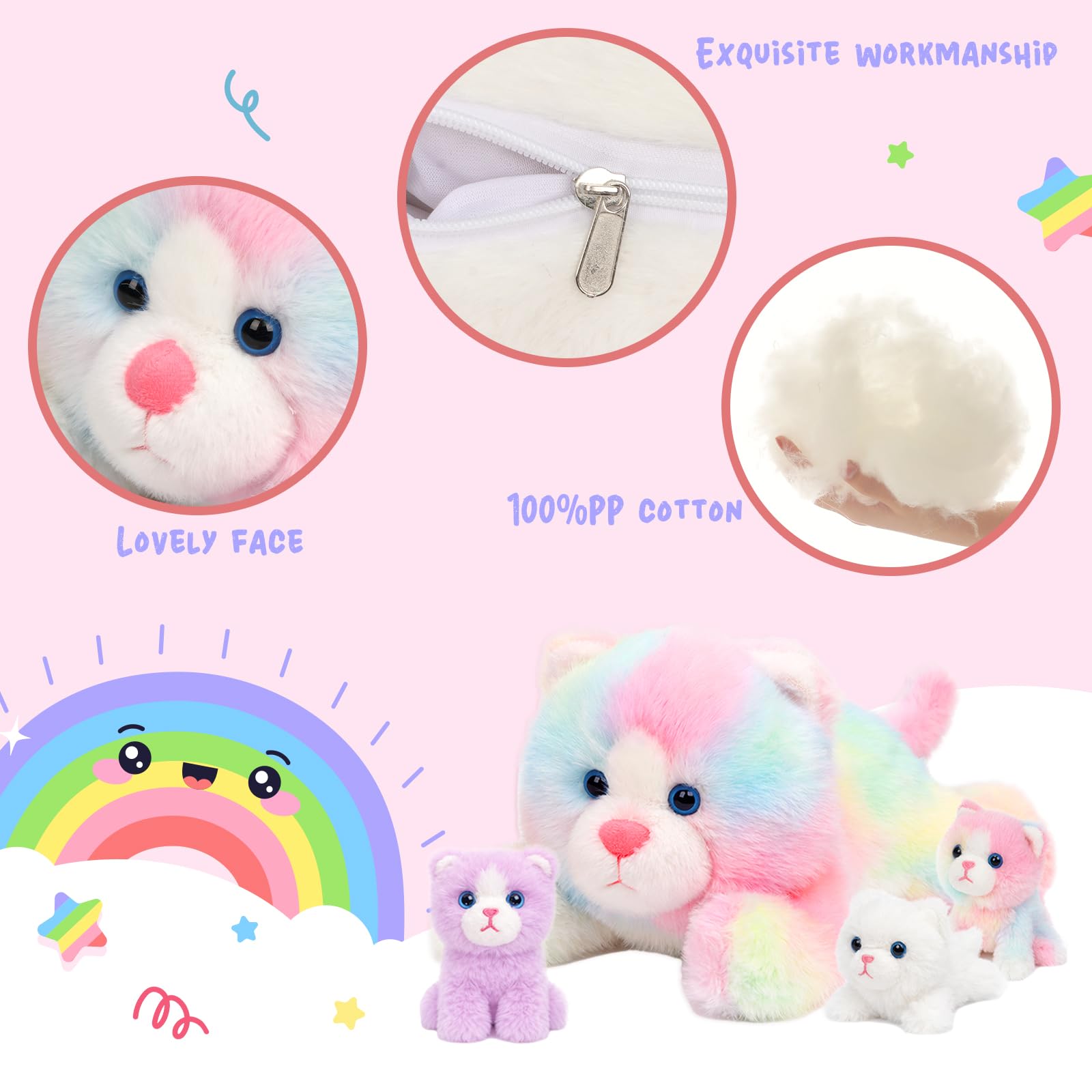 Easfan Peluche de gato arcoíris con 4 gatos bebés en el interior, peluche realista para bebés, niños, niños pequeños y niños, 16 pulgadas