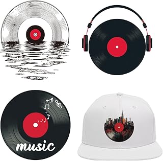 arricraft 4 Sheets Vinyl Record Iron on Stickers, Record Headphones Music Notes Print Transfer Stickers Decals for DIY T-Shirt Jeans Backpacks Families Clothing Hat Decoration Applique