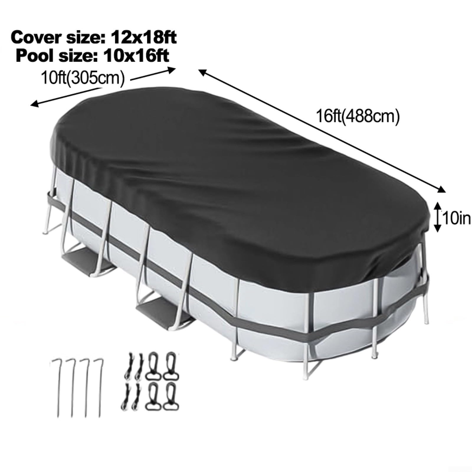 Bâche de piscine ovale pour piscine hors sol, bâche résistante aux intempéries avec accessoires, imperméable et robuste pour protéger contre les feuilles et la saleté, noire