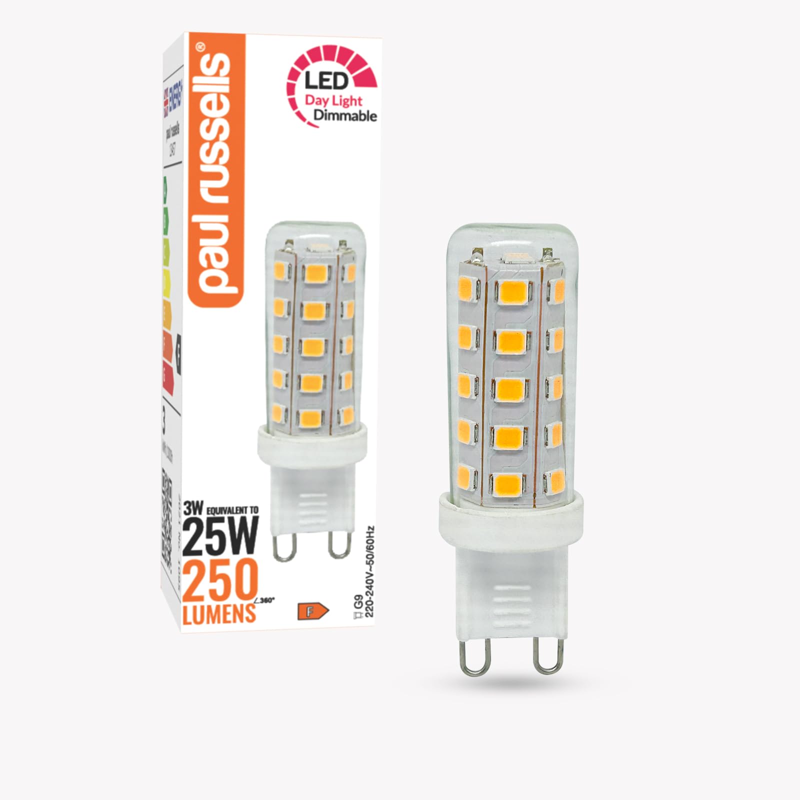 paul russells Dimmable G9 LED Bulbs - Daylight 6500K, 3W, Equivalent to 25W Halogens, AC 220-240V, 250LM, CRI>80, Energy Saving G9 LED Capsule Light Bulbs for Home Lighting, Flicker-Free, 1 Pack