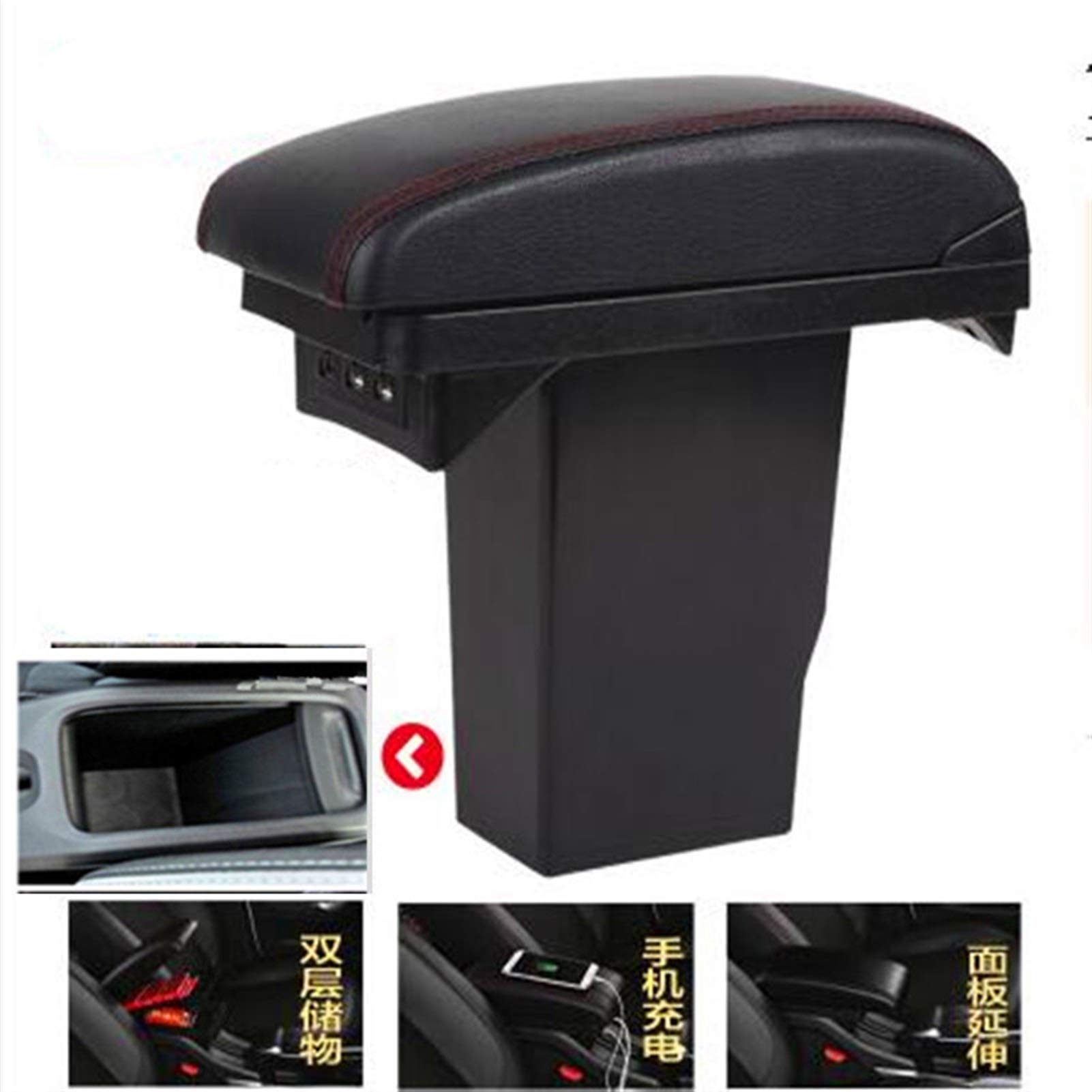 Accoudoir Central Avec Ports USB Pour Peugeot 2008 2012-2018 - Cuir PU - Rangement Supplémentaire - Noir/rouge - 7