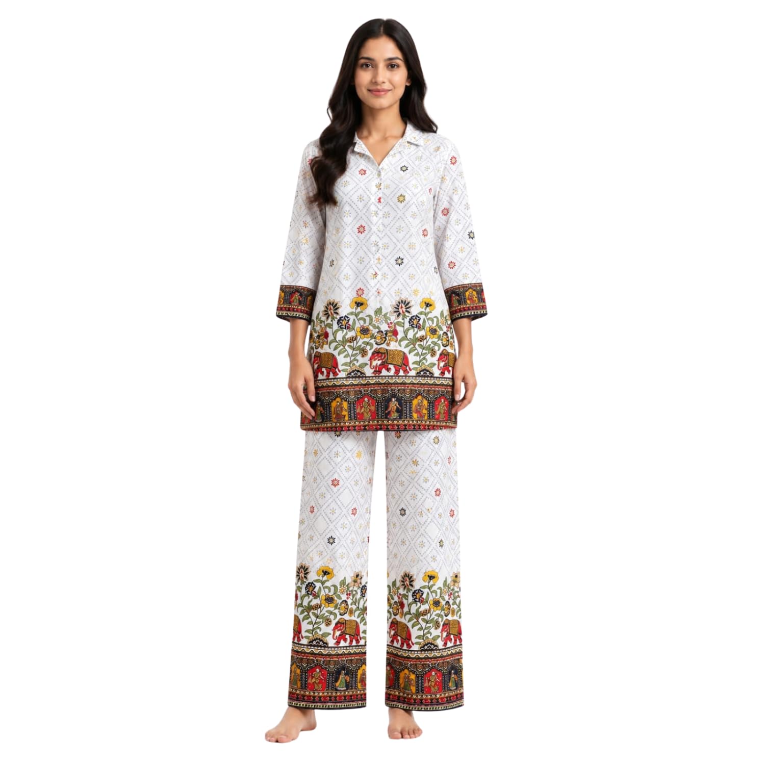 Women's Cotton Blend Printed Co-Ord Set with Collar Neck & 3/4 Sleeves, Ethnic Elephant Floral Print Top with Wide Leg Palazzo Pants, Casual Lounge Use Outfit-image-21