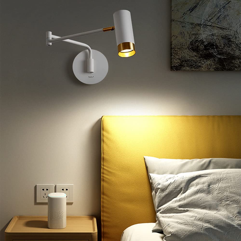 Lampa ścienna, reflektor do czytania, lampka nocna z obrotowym ramieniem, regulowana i obrotowa żarówka GU10, do sypialni, salonu, biura i hotelu, biała