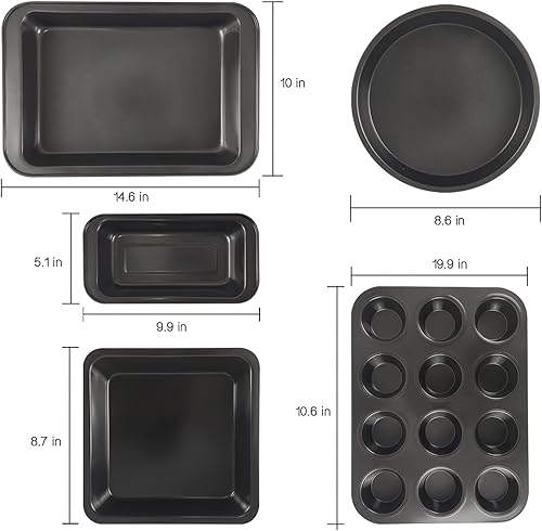 Miniatura 2 de Juego de moldes para hornear antiadherentes, 5 piezas de utensilios para hornear con molde para magdalenas de 12 tazas, molde redondo  cuadrado,