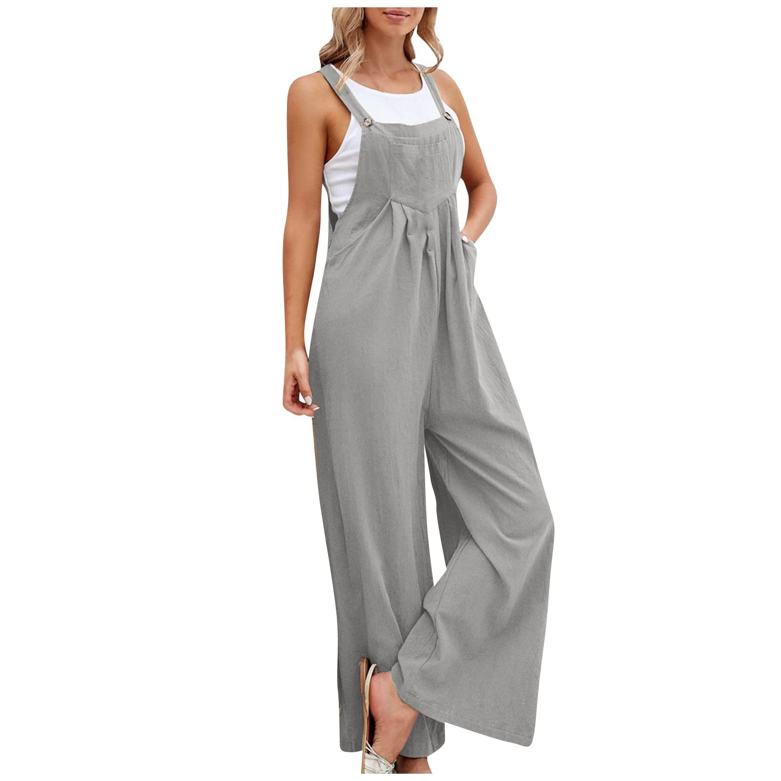 HUEAHDOU Rompers for Women 2025 Linen Casual Sleeveless Jumpsuits Straps Bib Overalls Baggy Pleated Palazzo Pant with Pocket