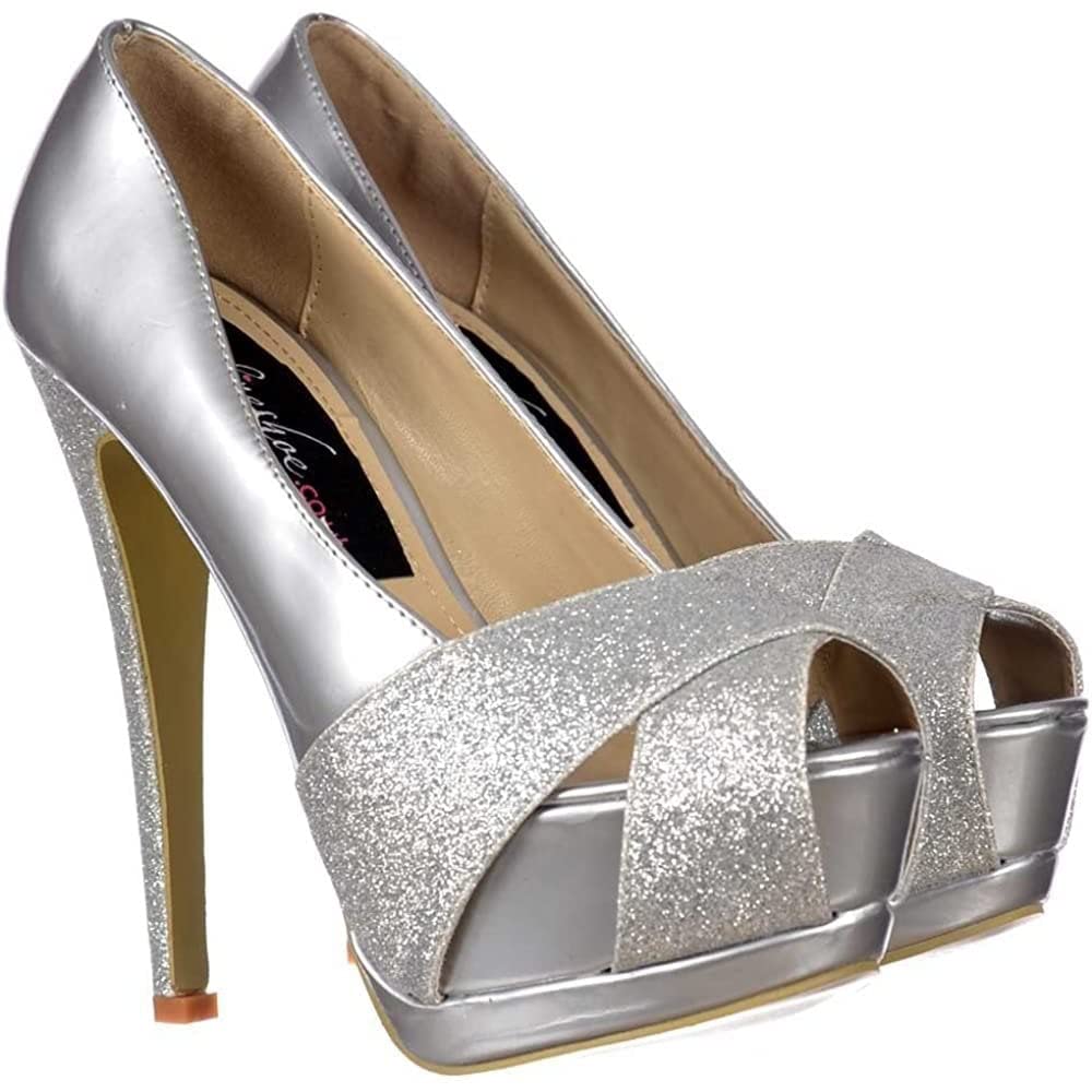 Women's Sparkly Glitter Crossed Toe Peep Toe Pump
