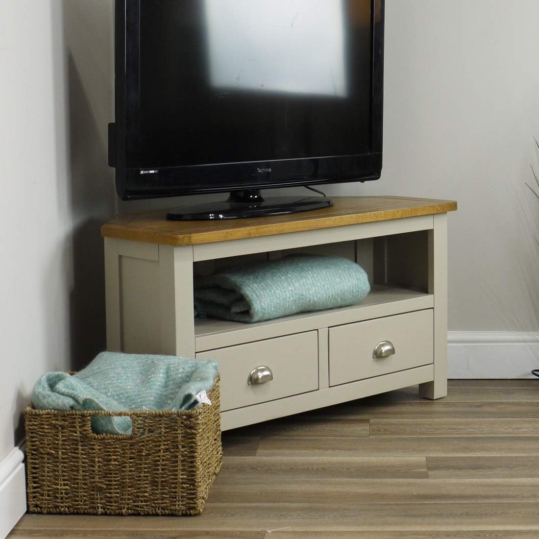 Wellington Painted Oak Grey Corner TV Unit / 2 Drawer Oak TV Stand - With Solid Oak Top