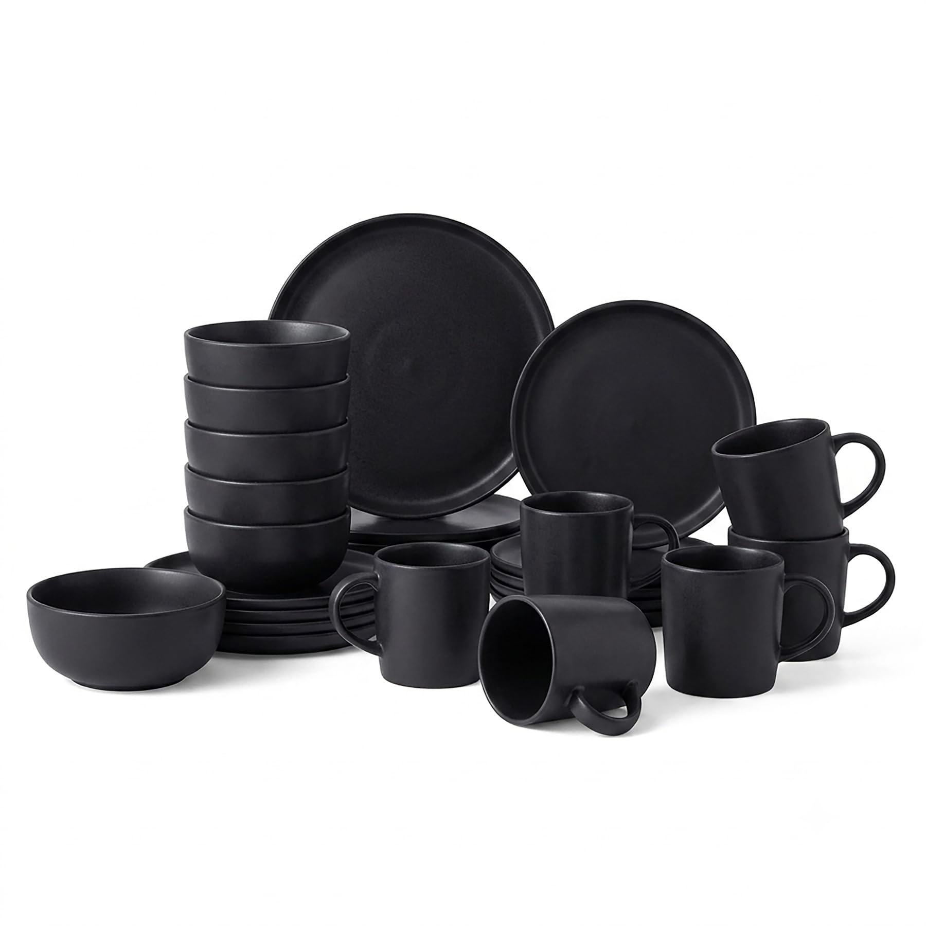 simpa 24PCS รpoque Matt Black Glaze Stoneware Dinner Set: 6 Dinner Plates, 6 Side Plates, 6 Bowls & 6 Mugs. Dishwasher & Microwave Safe.