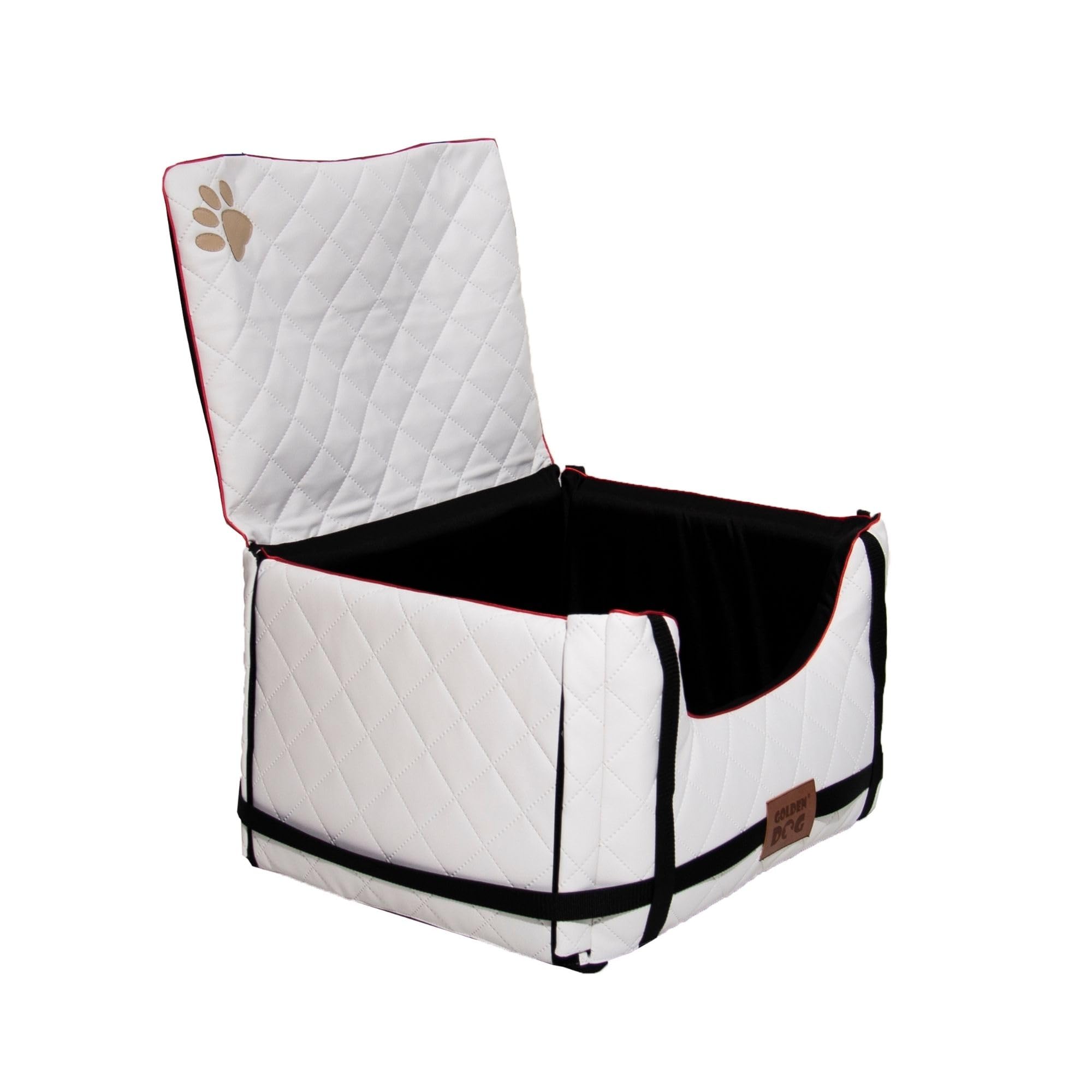 Golden Dog - Transportín para perro con cinturón de seguridad M-52 x 44 x 33 cm - Piel sintética para asiento de coche para perro, resistente al agua, asiento para perros - Asiento para el copiloto