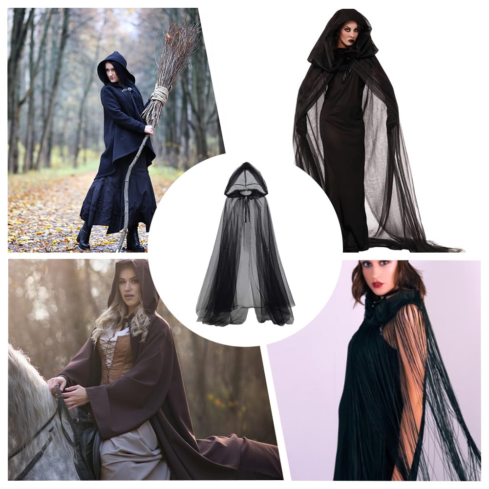 CABODYALS Black Elf Cloak with Hood Long Soild Vampire Halloween Cape Gothic Ghost Sheer Tulle Mesh Silk Witch Hooded Polyester Dresses Robe for Women Cosplay Party Costumes Performances Accessories - Image 4