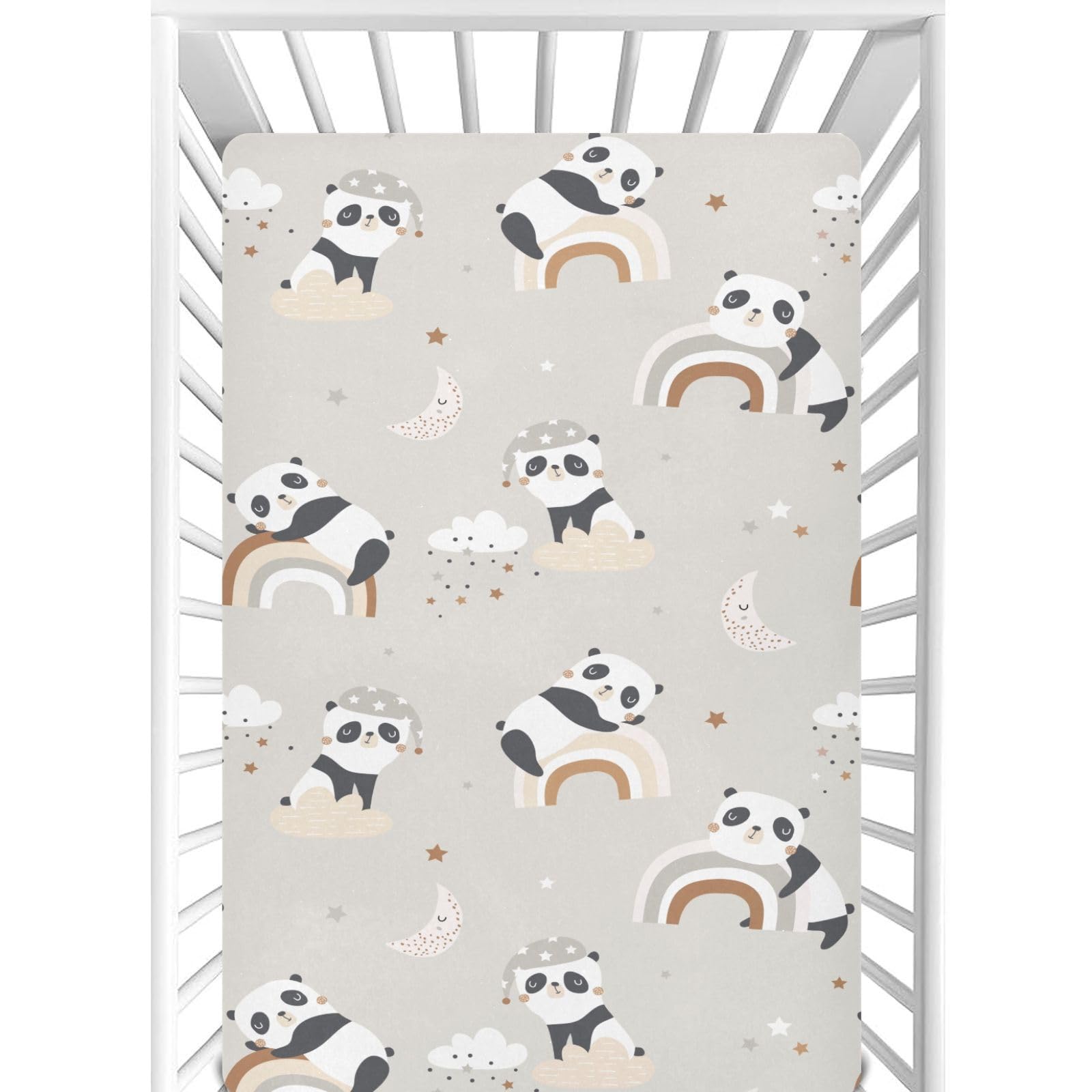 CaTaKu Pandas Rainbows Clouds Mini Crib Sheets for Girls Boys Baby Mattress Sheets Fitted, Soft Toddler Nursery Bed Sheets Neutral 28"x 52"