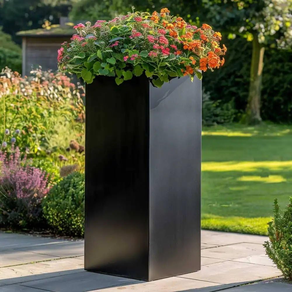 Tulipy Zinc Galvanised Tall Square Planter | No Assembly Needed | Lightweight (Matte Black, L32cm x W32cm x H75cm)