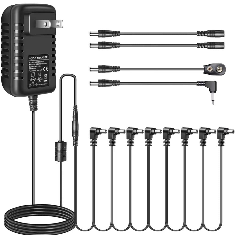 Guitar Pedal Power Supply Adapter 9V DC 2A with 8 Way Daisy Chain Cable 2000mA