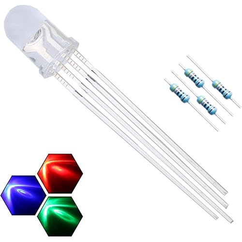 100pcs 5mm RGB Tri-Color (Red Green Blue Multicolor) 4Pin LED Diodes Common Cathode Clear Round Lens 29mm Long Lead +300pcs Resistors (for DC 6-12V) Included,Light Emitting Diodes