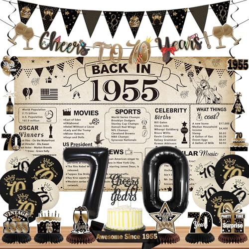 DARUNAXY 70th Birthday Party Decorations for Men Women, Vintage Back in 1955 Banner, Black 70 Number Balloons & Cake Topper, Vintage 1955 70 Birthday Honeycomb Hanging Swirl Confetti Balloons(28PC)