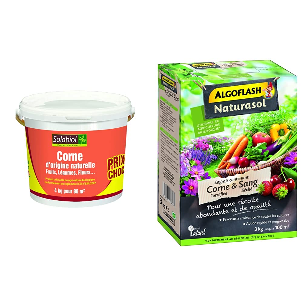 Solabiol SOCOR4 d'origine Naturelle 4 Kg Prix Choc | 100% Corne broyée, Puissant & ALGOFLASH NATURASOL Engrais Contenant de la Corne torréfiée et Sang Séché, Jusqu'à 100m², ACORNBIO3, Vert, 3 kg