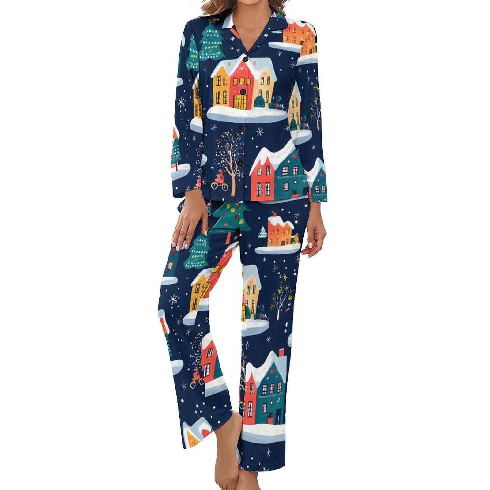 Conjunto de pijama casual de Navidad con diseño de casas coloridas para mujer, pijama de manga larga con botones, ropa de dormir