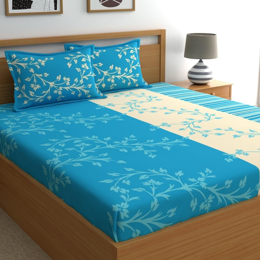 Dreamscape 100% Cotton King Fitted Bedsheet with 2 Pillow Covers, 140 TC Cotton Blue Floral Bedsheet for King Bed (6ft X 6.5ft)