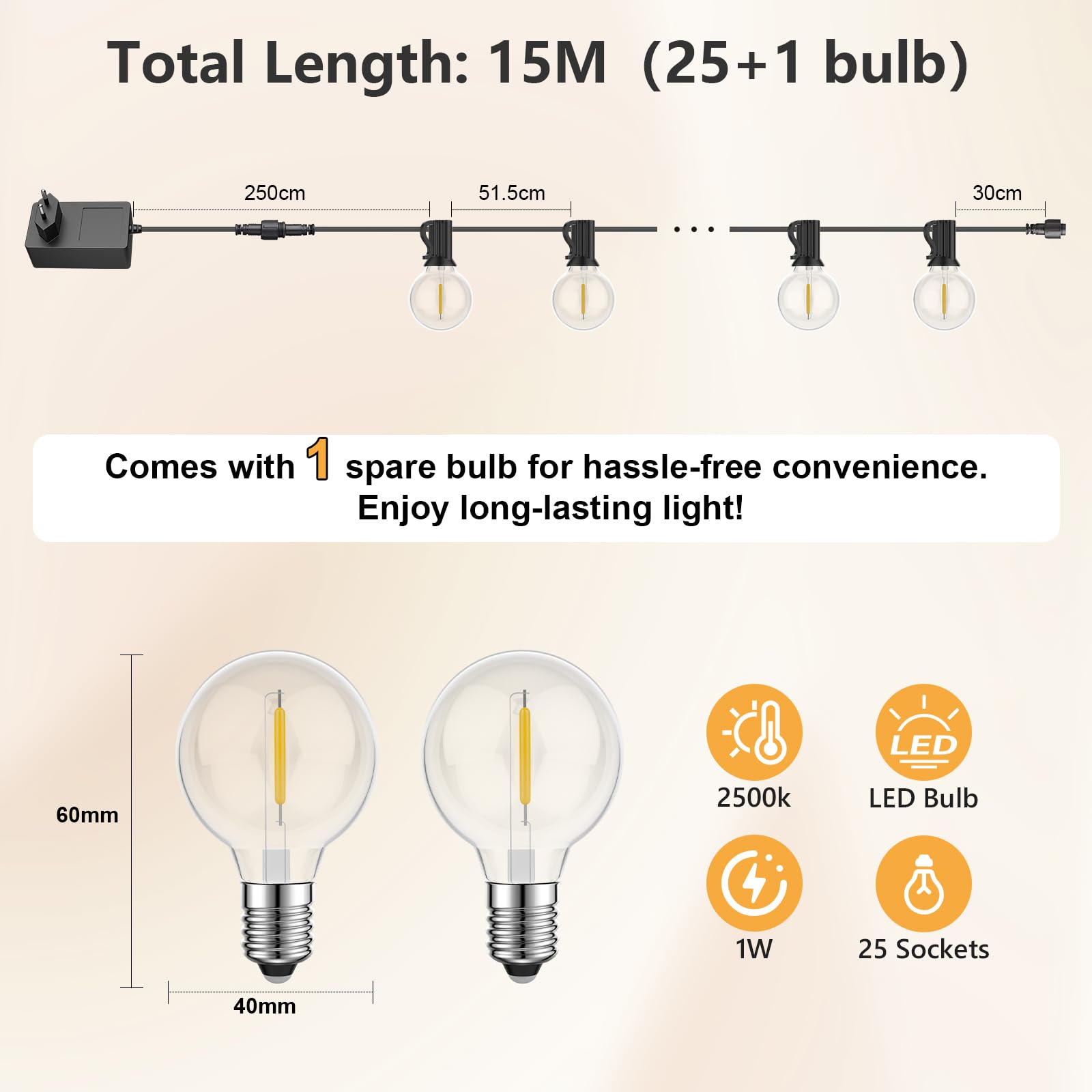 Yeeklab Catena Luminosa Esterno 15M, 24V Luci da Esterno con 25+1 Plastica Lampadine, Impermeabile IP45, 2500K Bianco Caldo Luci da Giardino per Giardino, Festa, Patio, Decorazione Gazebo