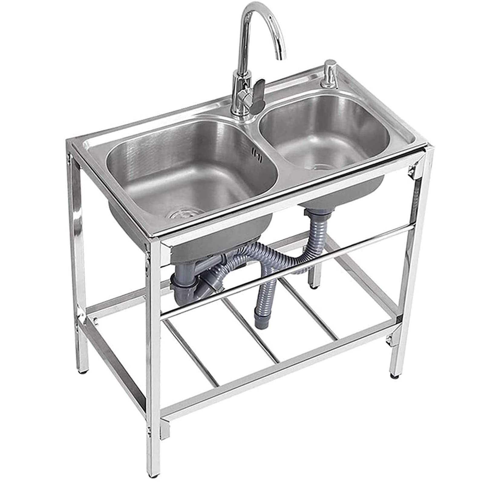 LMYSXAOZ Commercial Restaurant Sink - Stainless Steel Utility Free-Standing Kitchen Set Double Bowl with Faucet and Strainer