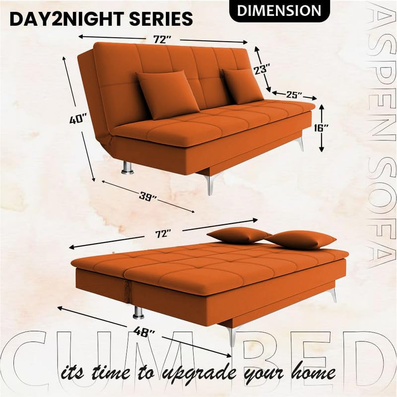 Image of Adorn India Premium New Aspen 3 Seater Sofa Cum Bed 4X6 Velvet Suede with 2 Cushions (Color Orange) and Suitable for All Indoor, with 3 Years Warranty
