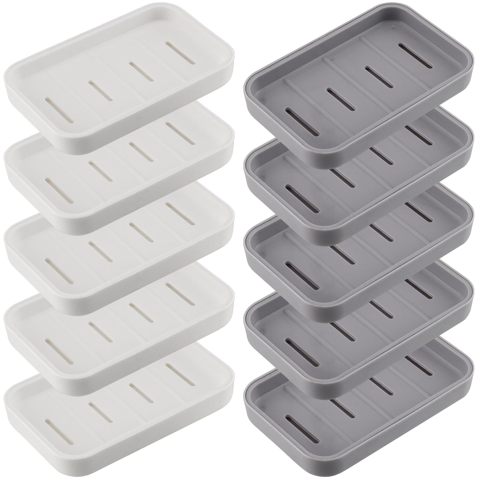 MAHIONG 10 Pcs Soap Dish, Non-Slip Shower Soap Holder with Drainage, Double Layer Soap Box for Bathroom and Kitchen (White and Grey)
