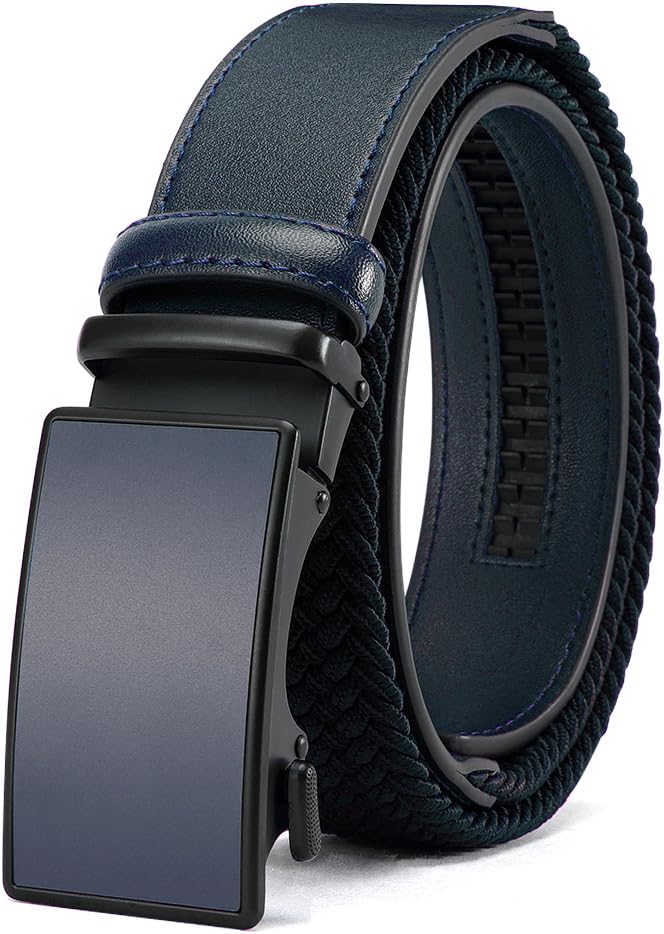 Men's Elastic Leather Ratchet Belt, Braided Stretch Belt, casual Fabric Belt, Design Width 1 3/8" for golf pants jeans