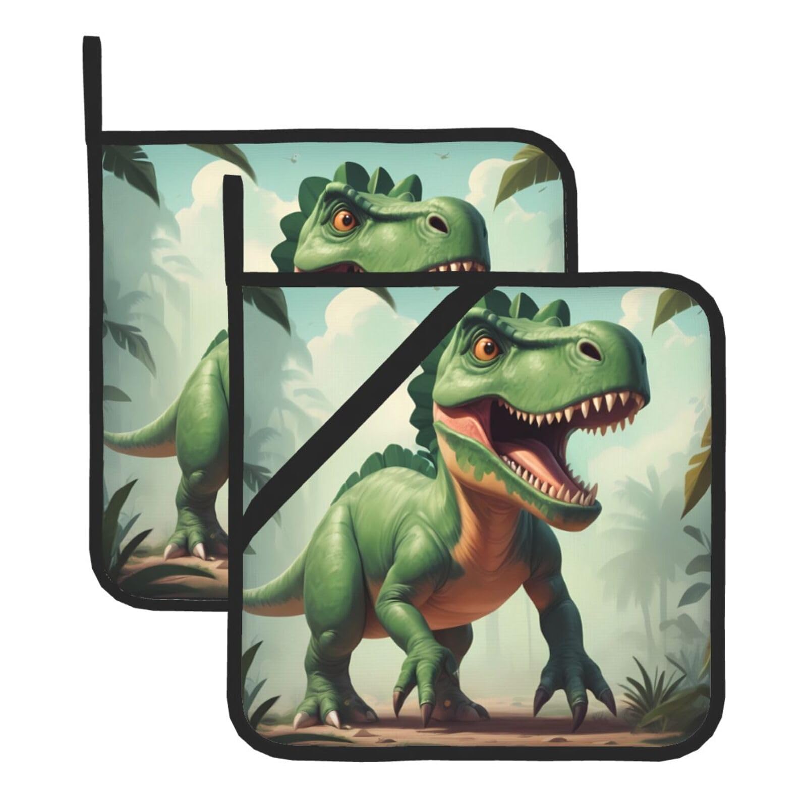 HJFCZH Cloverleaf Dinosaur Printed Square Insulated Pot Mat Set (2-Piece) 8x8in Waterproof, Thickened & Easy to Clean with Lanyard Design for Kitchen, Oven & BBQ