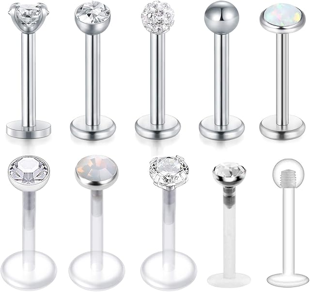 MODRSA Tragus Earrings 16G Labret Monroe Piercing Lip Stud Tragus Stud Helix Earring Conch Piercing Jewellery Women Stainless Steel CZ Inlaid Clear Lip Retainer