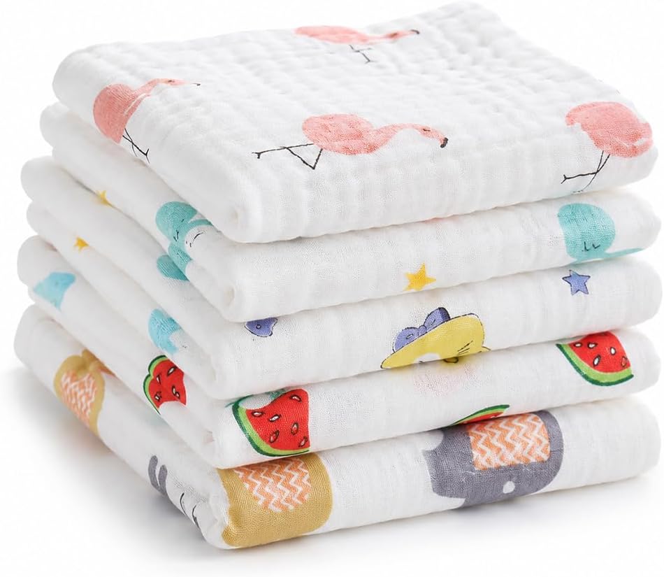 MOM CARE 6 Layer Muslin Baby Washcloth Napkins for Newborn Baby, Ultra Soft Reusable Cotton Face Towels, Highly Absorbent Burp Cloth Feeding Wipes for Babies, Pack of 5