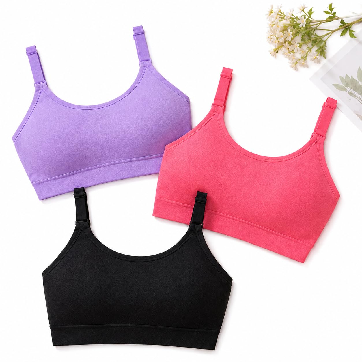 Sports Bra Combo Pack of 3 | Wire-Free, Non-Padded, Adjustable Straps, Soft Stretch Fabric, Workout Bra (in, Numeric, 32, B) Multicolour-image-42