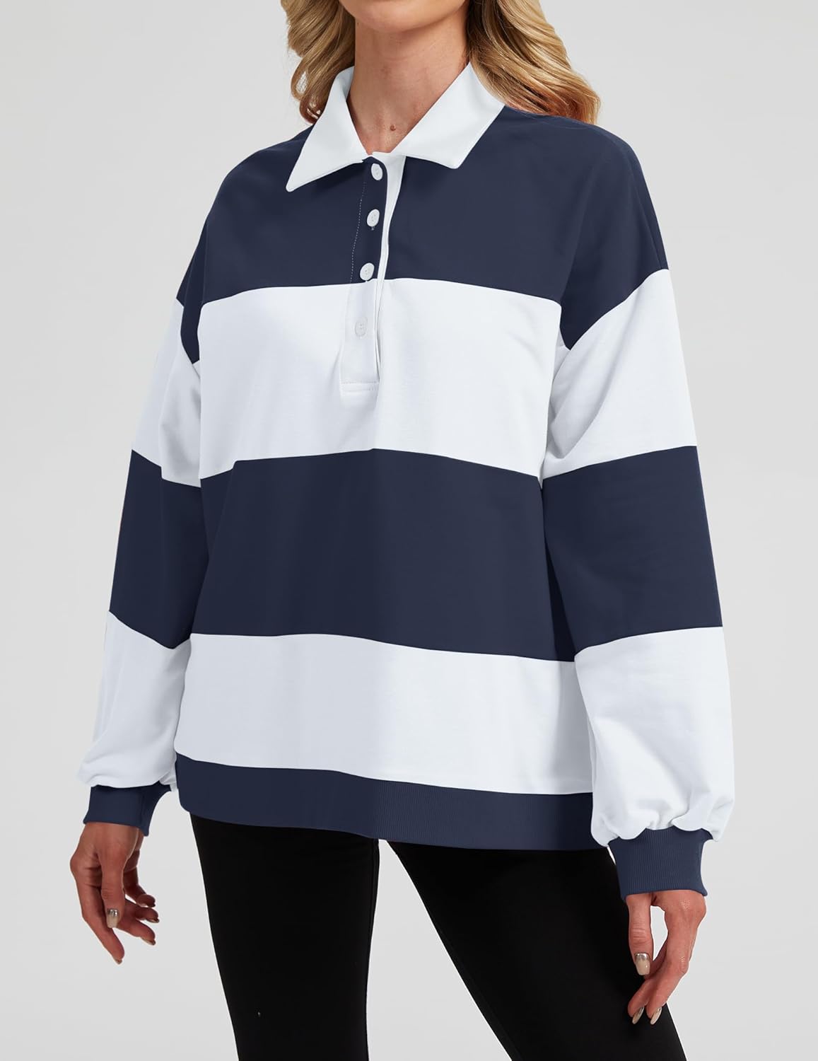 Womens Striped Color Block Polo Sweatshirt Rugby Shirt Oversized Long Sleeve Lapel Corllared Pullover Blouses - Image 5