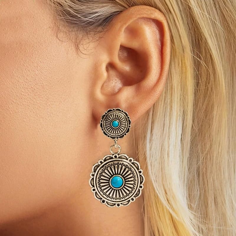 Western Turquoise Earrings for Women Bohemian Vintage Turquoise Geometric Ethnic Teardrop Earrings Statement Western Country Jewelry - Image 2